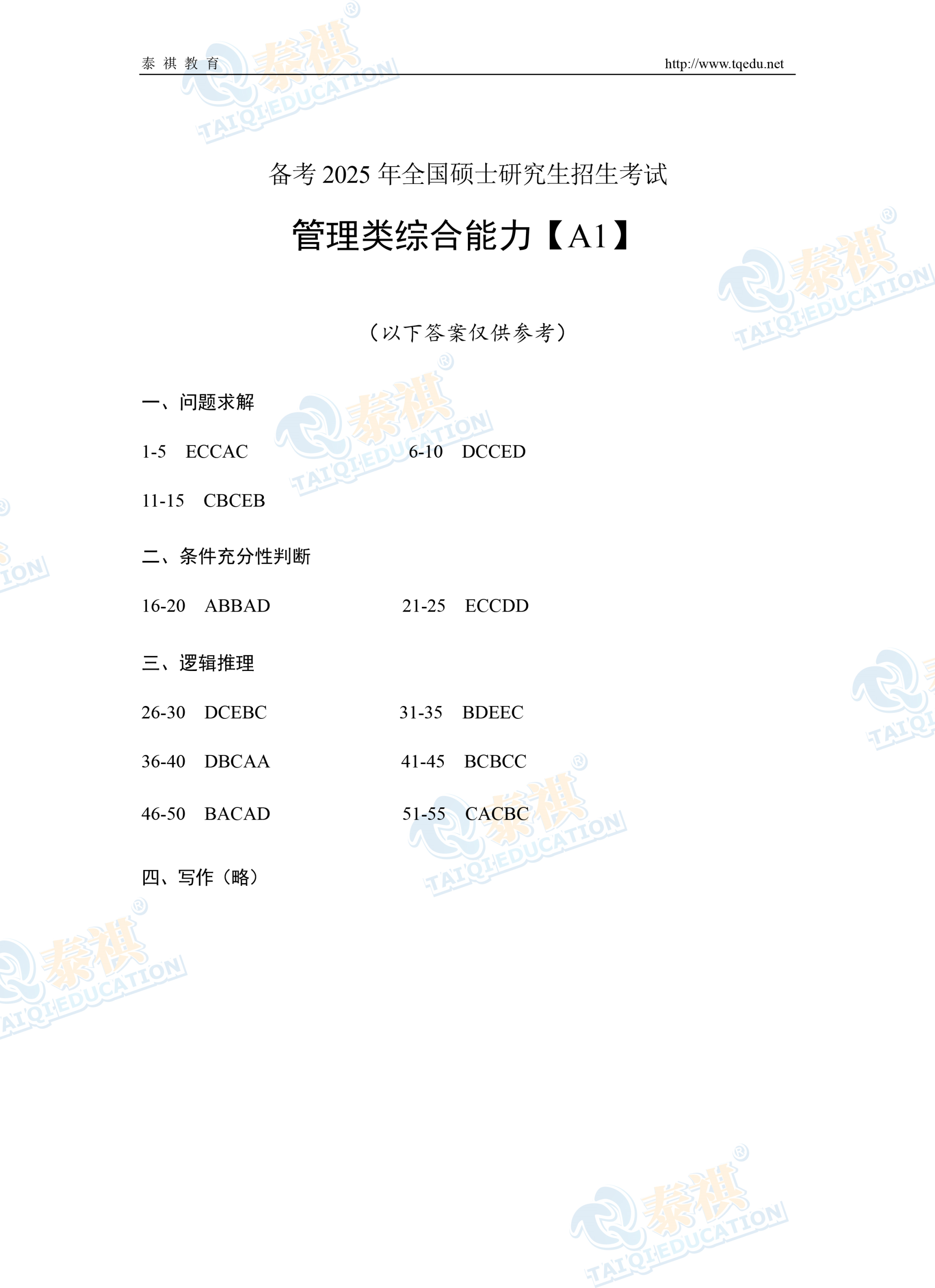 泰祺教育2025考研【管理類綜合能力】A1輪?？冀馕? width=